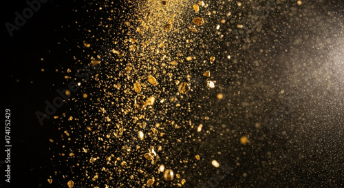 A stunning high-angle shot captures a dynamic explosion of golden particles against a backdrop of inky blackness. vector png illustration