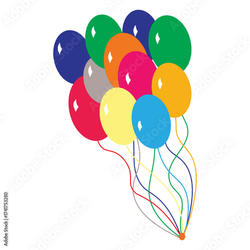Colorful cluster of helium balloons with curling ribbons, festive party decoration for birthday and celebration events