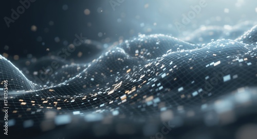 Abstract Digital Mesh with Glowing Particles and Musical Notes