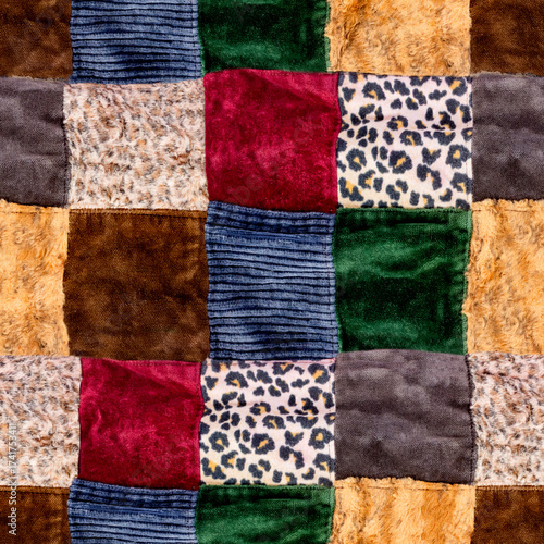 Seamless 4k photo texture of patchwork material with various square patterned pieces sewn together.