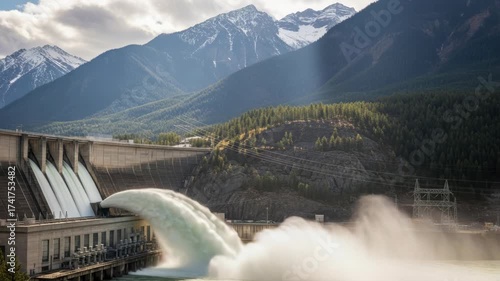 massive hydroelectric dam releases torrents of water from multiple gates and large outlet creating mist Snow-capped mountains evergreen forests and power lines frame the scene