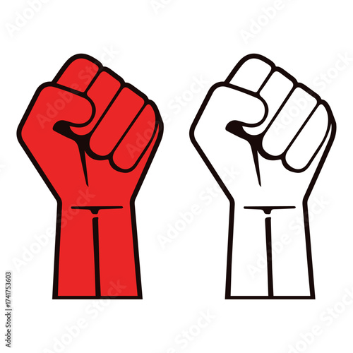 Raised clenched fist vector symbols in red and outline, solidarity protest and power icons for activism and social movement design