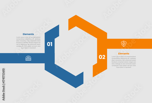 2 elements infographic comparison diagram with creative hexagon outline shape with slice cut with opposite comparison with 2 step for slide presentation