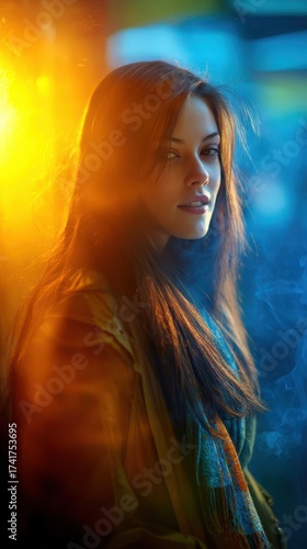 A Captivating Portrait of a Young Woman with Long Hair in a Smoky Atmosphere Surrounded by Warm and Cool Light Effects
