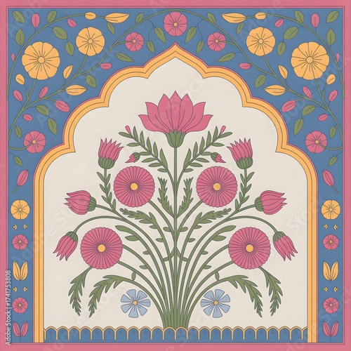 Traditional Indian Floral Archway Art with Lotus Flowers and Palm Tree Illustration, Exotic Botanical Heritage Design in Mughal Decorative Style, Intricate Vintage Pattern, Generative Ai
