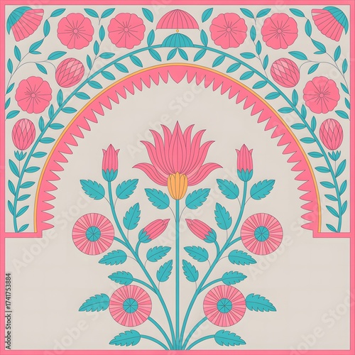 Traditional Indian Floral Archway Art with Lotus Flowers and Palm Tree Illustration, Exotic Botanical Heritage Design in Mughal Decorative Style, Intricate Vintage Pattern, Generative Ai
