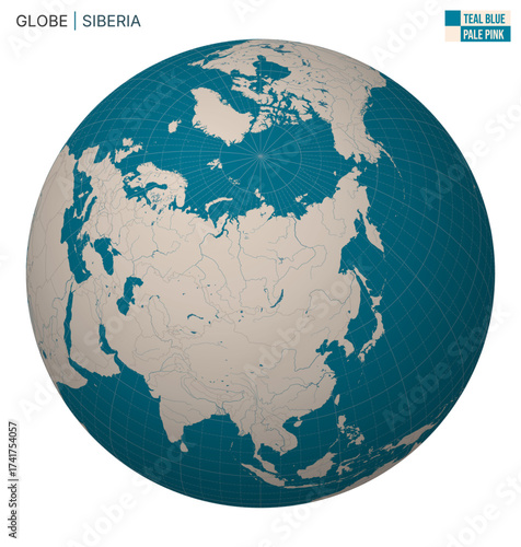 Vector Globe centered to Siberia. Teal Blue Pale Pink palette. World map with meridians, parallels, countries, rivers and lakes. Vibrant vector illustration.