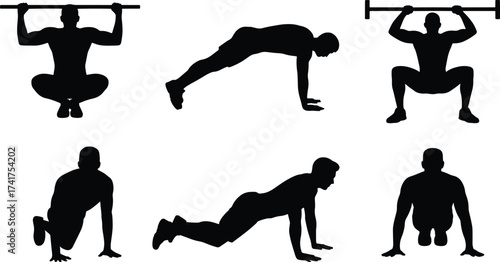 Collection of six distinctive silhouette workout poses in solid black fill representing various fitness activities and athletic movements for design projects
