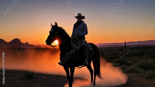 cowboy rides horse through dusty desert at sunset The sun bright orange orb sits low illuminating distant mountains and saguaro cacti dramatic warm scene