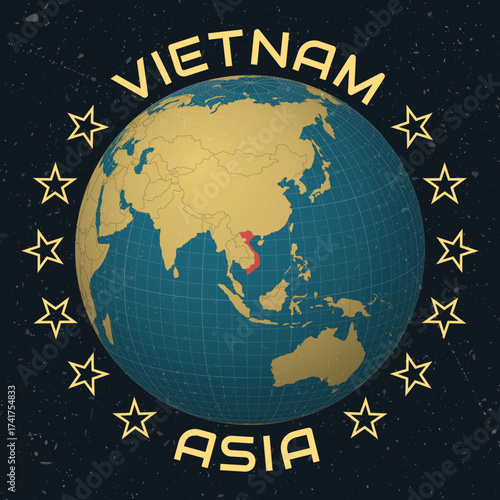 Vietnam on Globe. Country name round text. Vintage look with grunge scratched texture. Country view on world map in Sky Blue Light Yellow color palette. Vietnam shape on map.