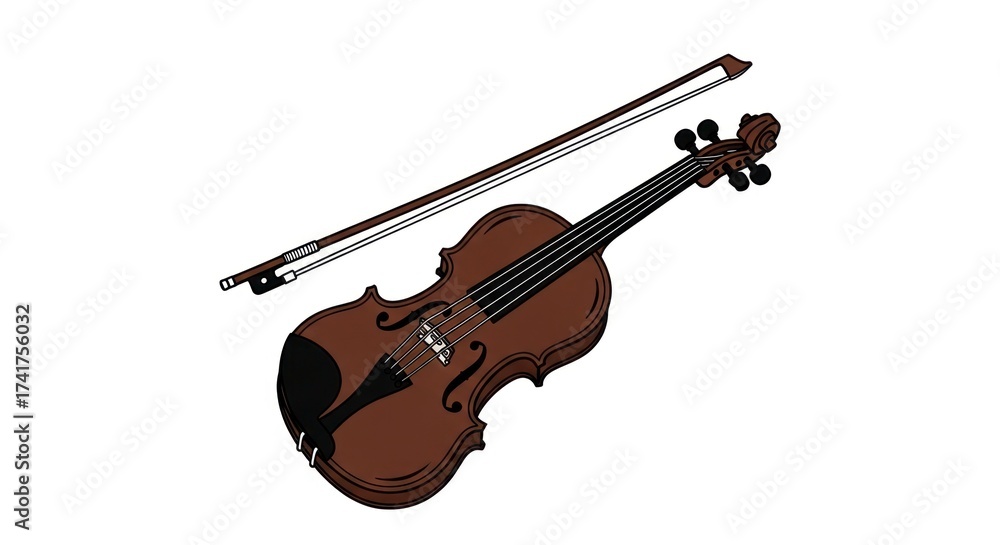 Fototapeta premium Brown violin and bow illustration on white background for design