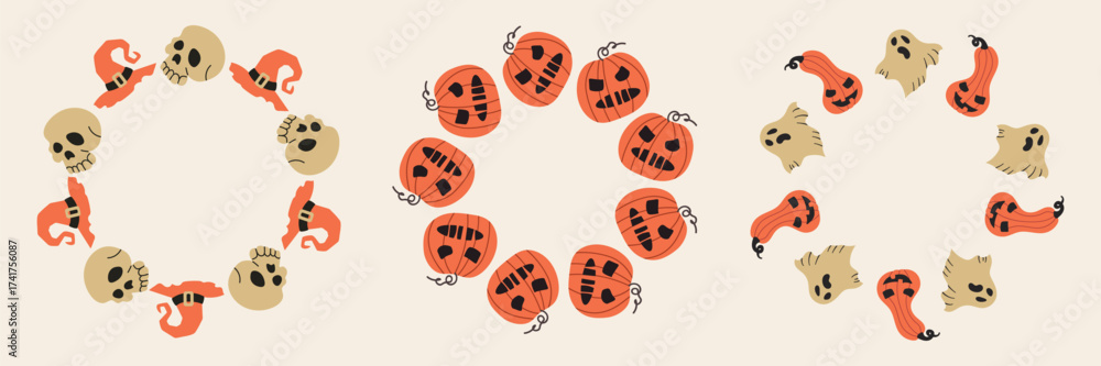 Fototapeta premium Set collection of Halloween wreaths boarder round frames of pumpkins, witch hat, ghost and skull