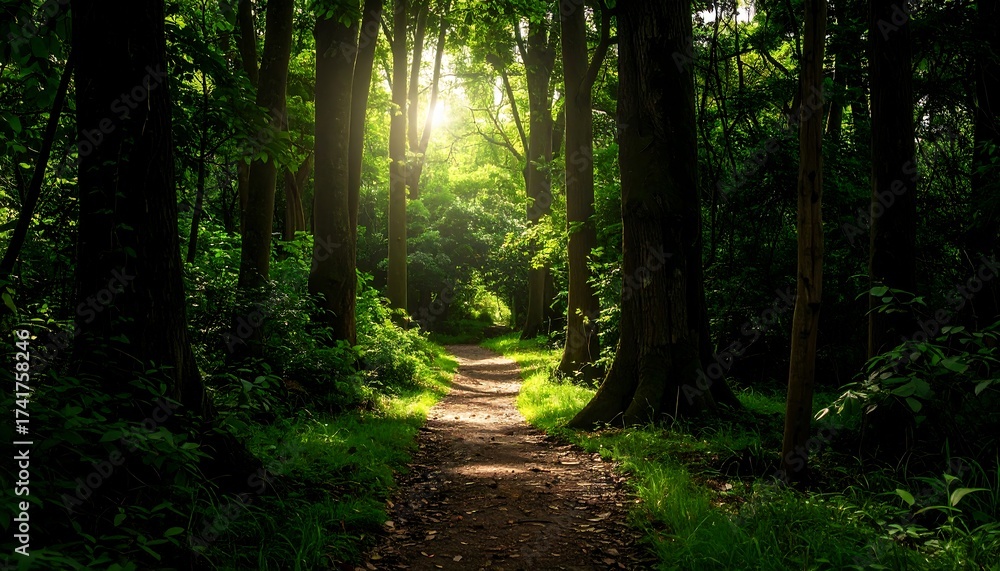 Obraz premium Sunlit path through a dense green forest