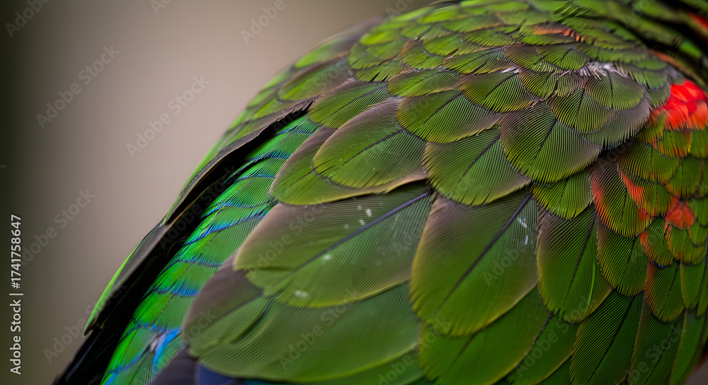 Fototapeta premium The focus is sharp on the texture and detail of the overlapping feathers, suggesting themes of texture, nature, detail, color, and wildlife/birds.