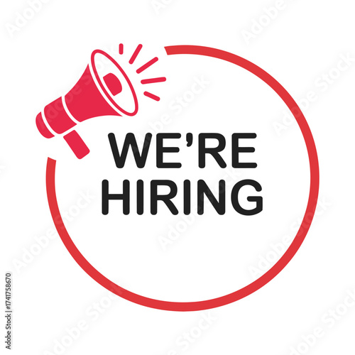 Red megaphone announcing we are hiring inside a red circle on white background