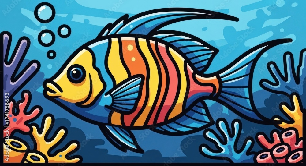 Naklejka premium Colorful fish illustration swimming underwater with seaweed and bubbles