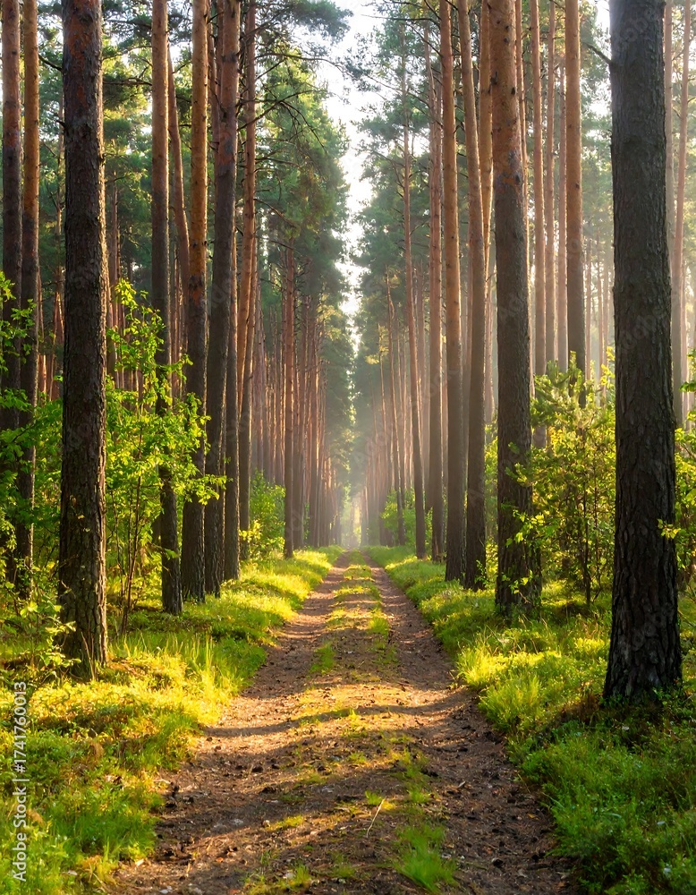 Obraz premium Sunlit path through a pine forest