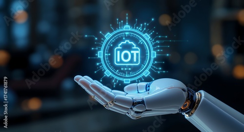Internet of Things (IoT) Futuristic Technology Robotic Hand Holding Glowing Symbol