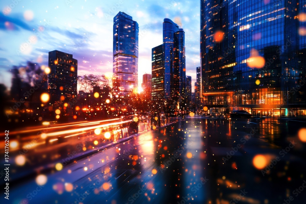 Fototapeta premium Urban sunset with colorful bokeh effects and vibrant skyline in modern cityscape at twilight