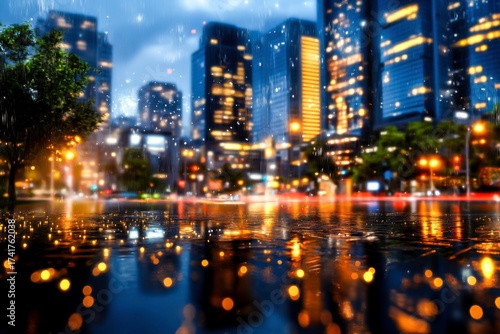 Glimmering Cityscape Reflections Under Rainy Sky During Nighttime in Modern Urban Environment