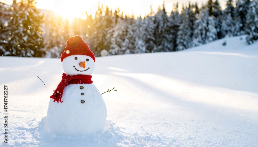 Obraz premium Snowman in snowy landscape at sunset (2)