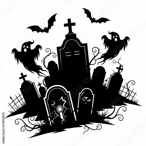 Spooky Halloween graveyard scene with tombstones, ghosts, and bats, creating a frightening atmosphere for a haunted holiday
