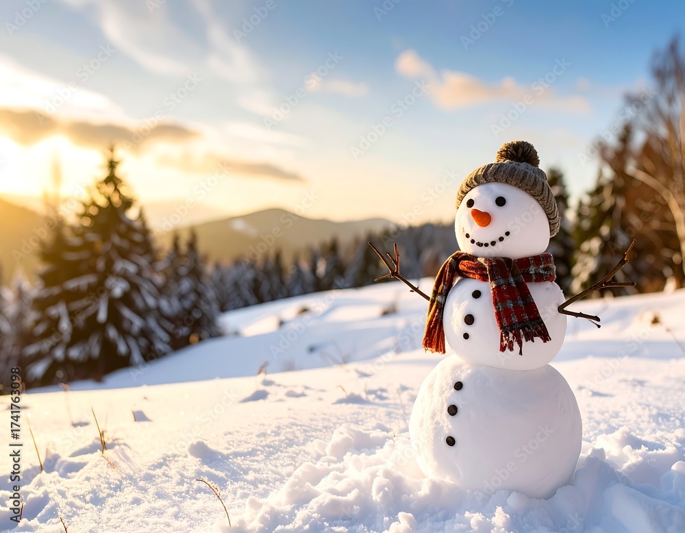 Obraz premium Snowman on snowy mountaintop at sunset