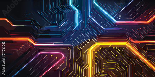 A close-up abstract background of neon circuit lines glowing in dark space, resembling a futuristic motherboard, symbolizing digital connectivity.