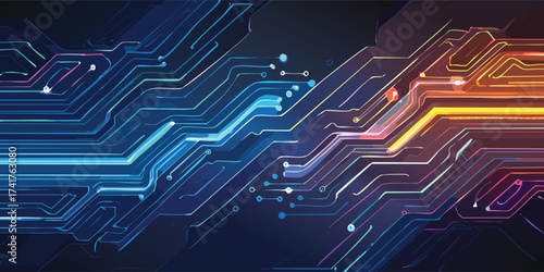 A close-up abstract background of neon circuit lines glowing in dark space, resembling a futuristic motherboard, symbolizing digital connectivity.