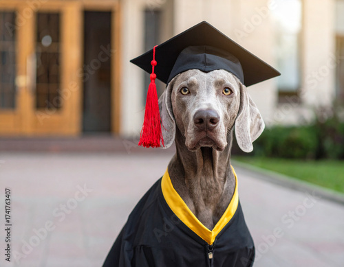 Weimaraner dog dressed in graduation cap and gown