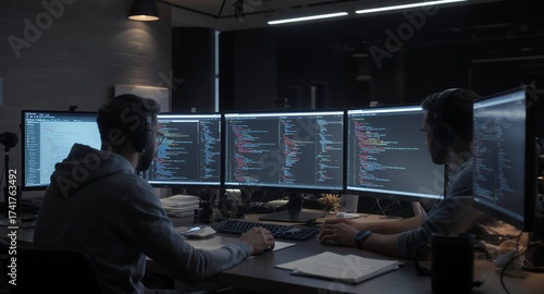 Team of Programmers Working on Computer Code in a Dark Room