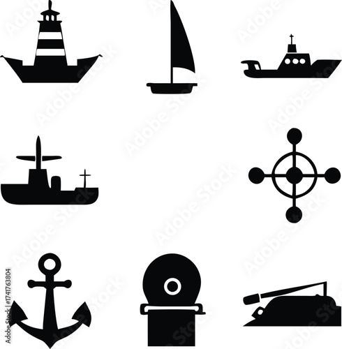 Set of Ship and Anchor Silhouettes for Marine and Nautical Design