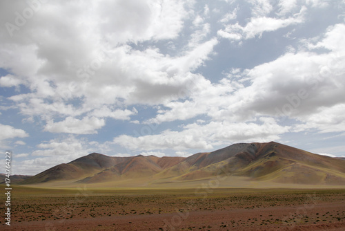 Vast arid landscape with mountains under a cloudy sky