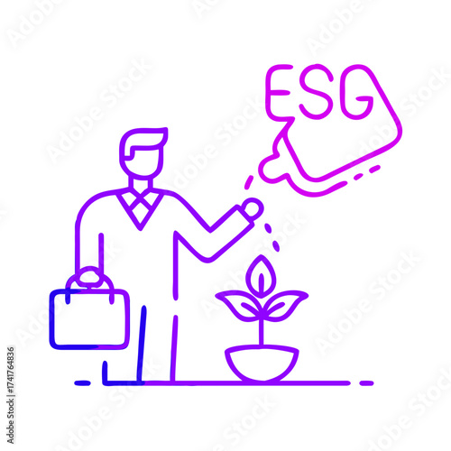 Conceptual Illustration of ESG (Environmental, Social, and Governance) principles in a business context, with a businessman watering a plant