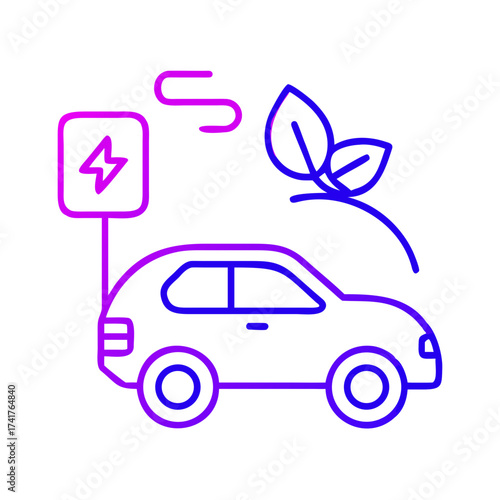 Electric vehicle with charging station and eco-friendly leaves, symbolizing sustainable transport and green energy. A futuristic and minimalist illustration.