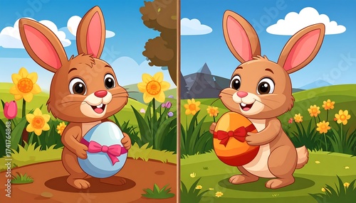 Two cartoon bunnies holding Easter eggs in a spring landscape