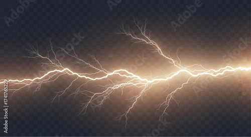 A close-up of a dramatic lightning strike in the vast darkness of the night. The image captures the raw power of nature in a photorealistic way. vector illustration