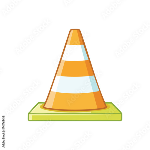 A traffic cone stands isolated. The vibrant orange and white stripes give this safety device a distinct look