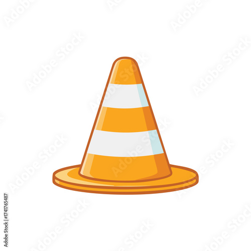 An orange traffic cone is depicted, with a conical shape and white stripes on a circular base. It is a safety device