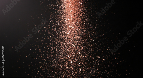 Sparkling glitter descends from above, forming a captivating cascade of shimmering particles against a dark background, evoking a sense of luxury, celebration, and refined beauty.
