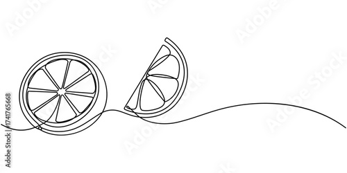 Orange continuous single line drawing, One line art orange fruit vector illustration, Continuous one line drawing of orange fruit, Orange fruit in continuous line art drawing style, single line lemon.