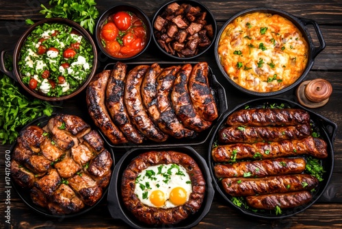 Delicious assortment of grilled meats and sides on wood table for a festive barbecue feast