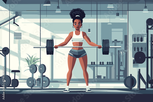 African woman lifting barbell in a gym vector illustration