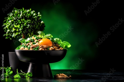 Colorful Bowl of Pasta with Egg Yolk and Fresh Herbs on Dark Background