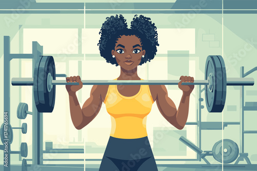 African woman lifting barbell in a gym vector illustration