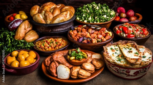 Delicious Assortment of Freshly Prepared Traditional Dishes and Varied Ingredients on Display