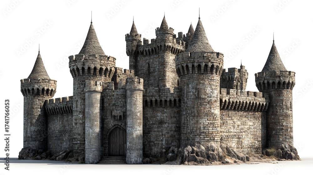 Fototapeta premium Impressive medieval castle design, rendered against a white background, features multiple stone towers with pointed spires and defensive battlements, creating a grand architectural composition.