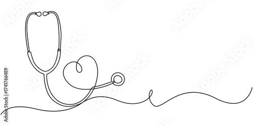 Continuous one line drawing of stethoscope freehand drawn picture silhouette, Doctors day concept, Continuous one line art drawing of stethoscope vector illustration,  Single one line stethoscope.