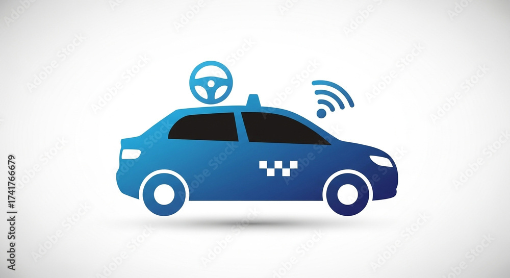 Fototapeta premium Blue taxi car autonomous driverless vehicle with wifi connection vector illustration for transportation