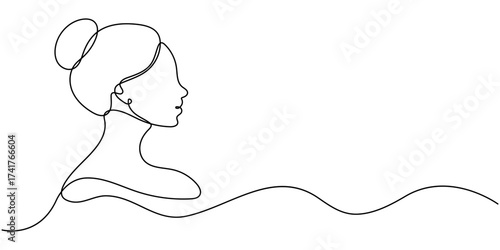 Woman profile with long hair, Portrait female beauty concept. continuous one line drawing vector illustration, Woman face profile continuous one line drawing minimalist style isolated outline.